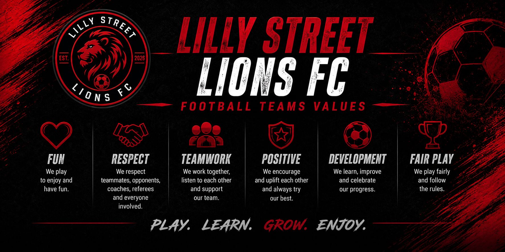 Lilly Street Lions FC values: fun, respect, teamwork, positivity, development and fair play