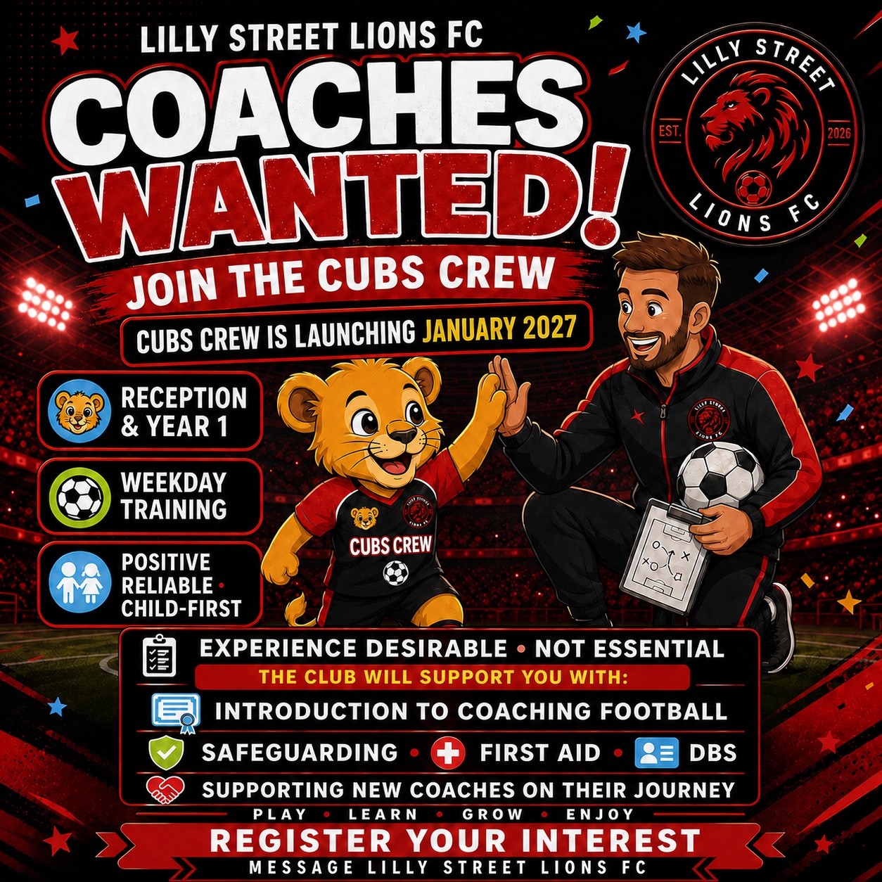 Lilly Street Lions FC Cubs Crew coaches wanted poster