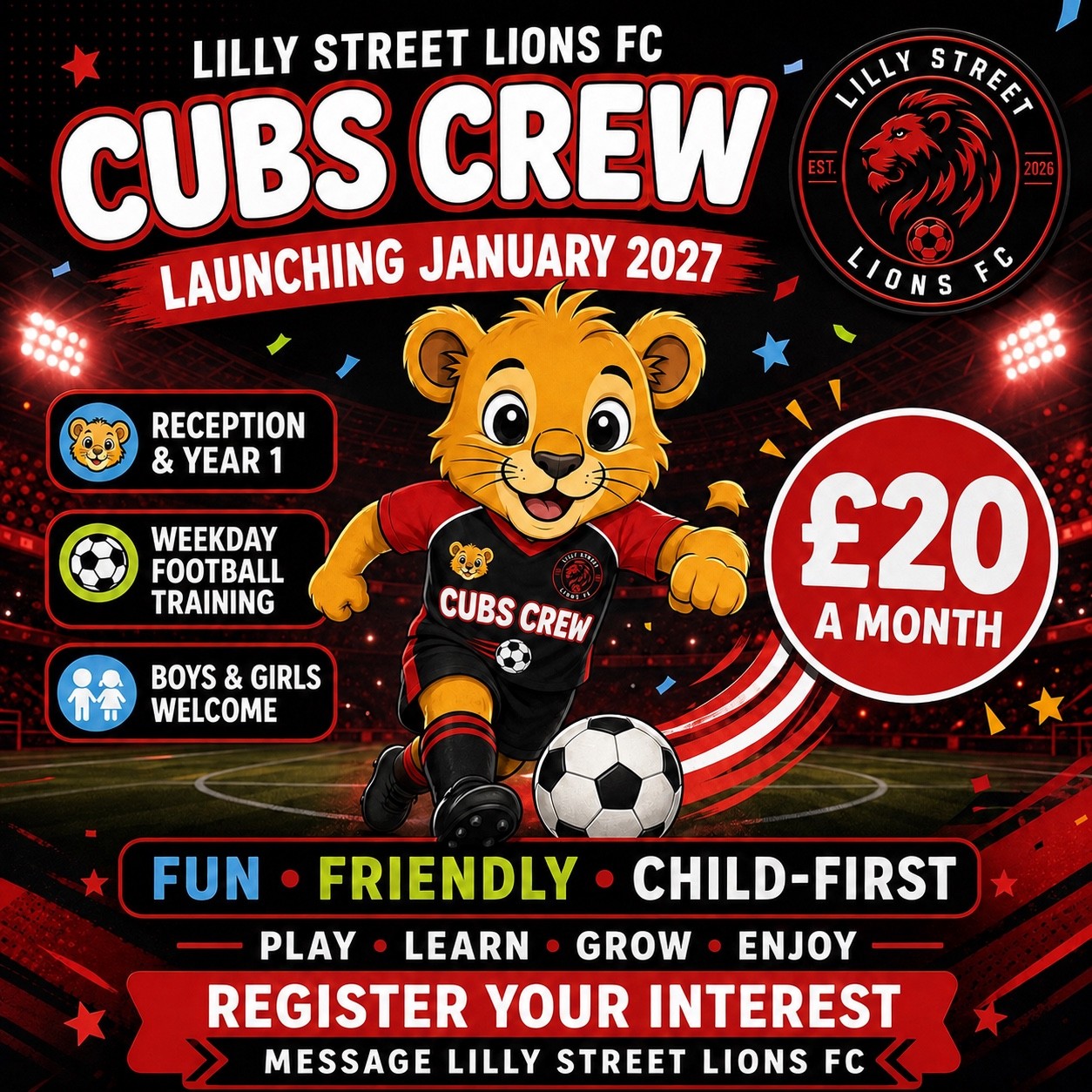 Lilly Street Lions FC Cubs Crew launch poster