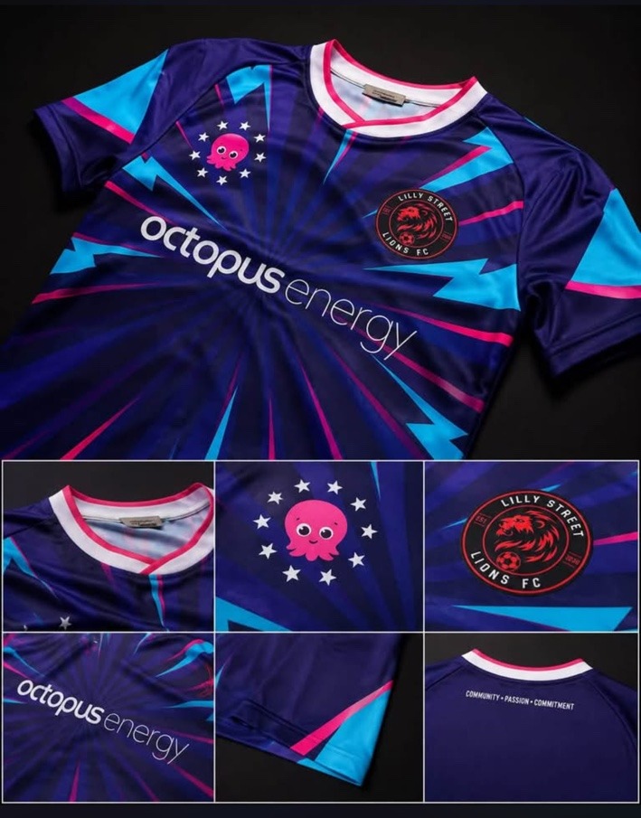 Lilly Street Lions FC blue, pink and turquoise Octopus Energy away kit