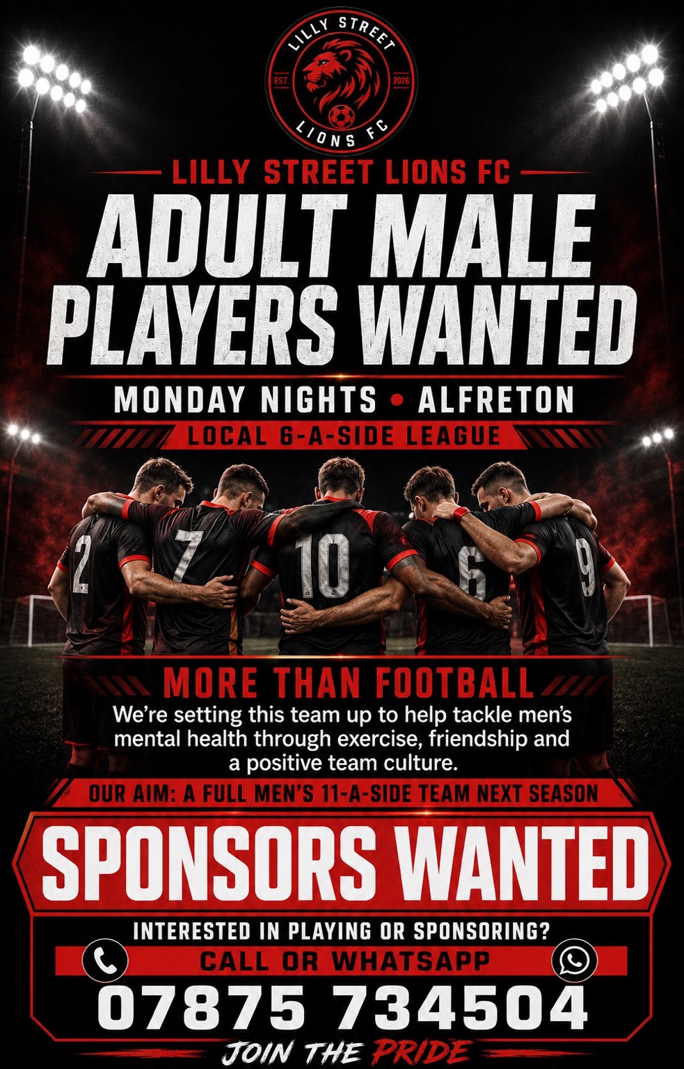 Lilly Street Lions FC adult men's 6-a-side recruitment poster